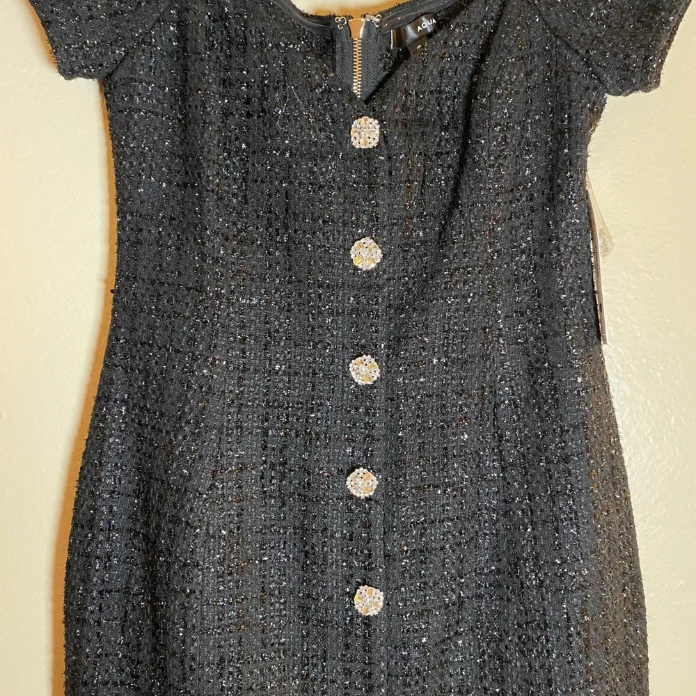 AQUA Black Tweed Mini Dress Off Shoulder Party Cocktail Rhinestone Buttons M - Picture 8 of 16